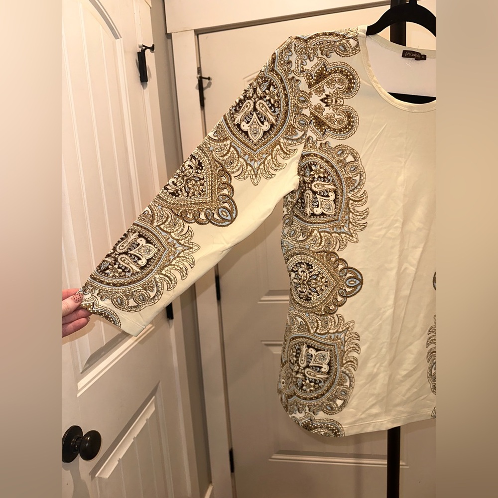 J McLaughlin Size Medium Paisley Print Cream Long Sleeve Top - Picture 3 of 10